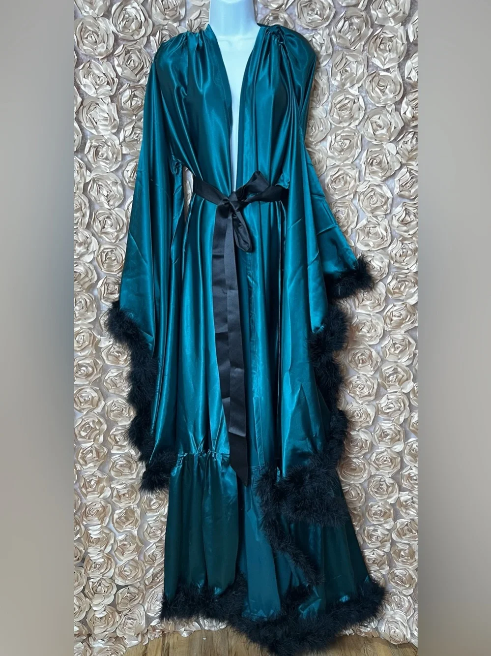 Silk-Feel Teal Satin Robe with Black Feather Trim - Picture 1 of 3